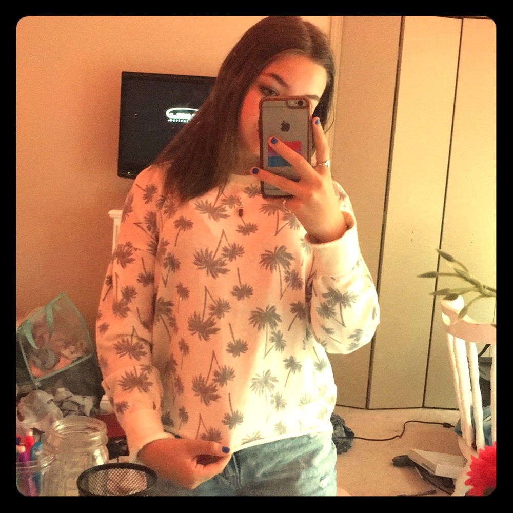 White and Gray Palm Tree Long Sleeve Pull Over